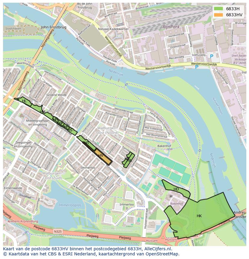 Afbeelding van het postcodegebied 6833 HV op de kaart.