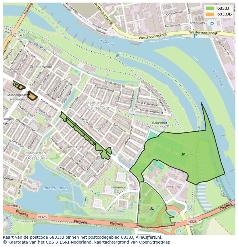 Afbeelding van het postcodegebied 6833 JB op de kaart.