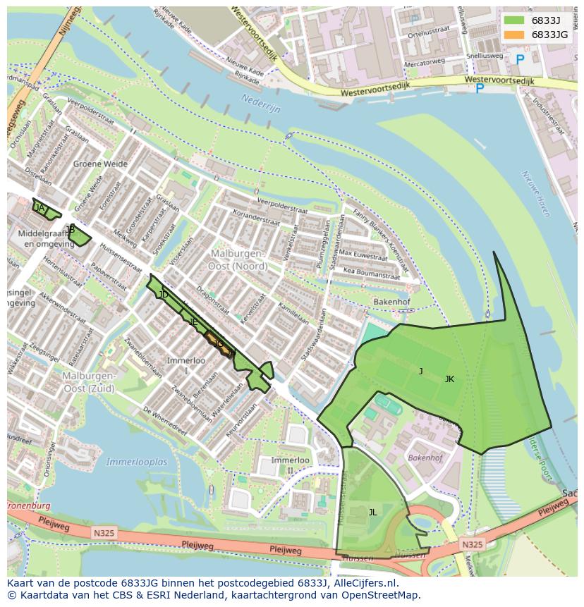 Afbeelding van het postcodegebied 6833 JG op de kaart.