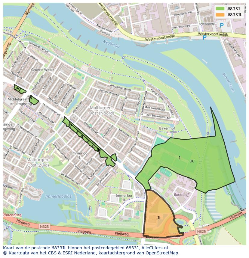 Afbeelding van het postcodegebied 6833 JL op de kaart.