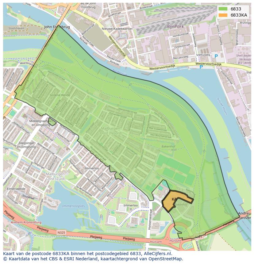 Afbeelding van het postcodegebied 6833 KA op de kaart.