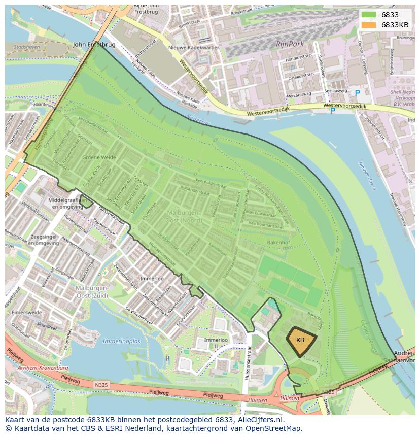 Afbeelding van het postcodegebied 6833 KB op de kaart.