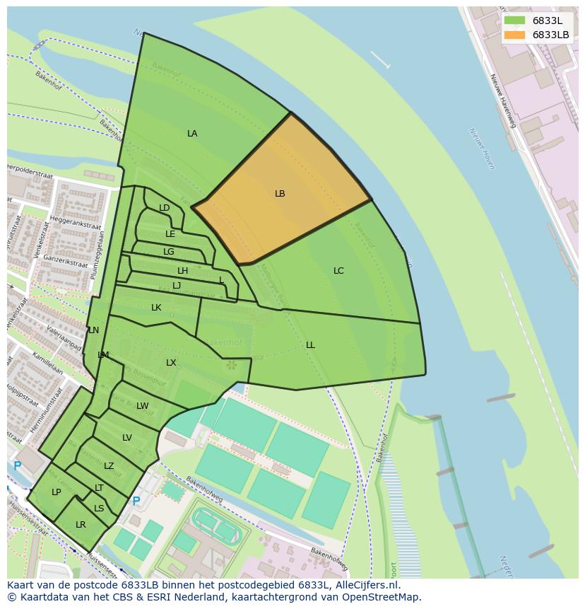 Afbeelding van het postcodegebied 6833 LB op de kaart.