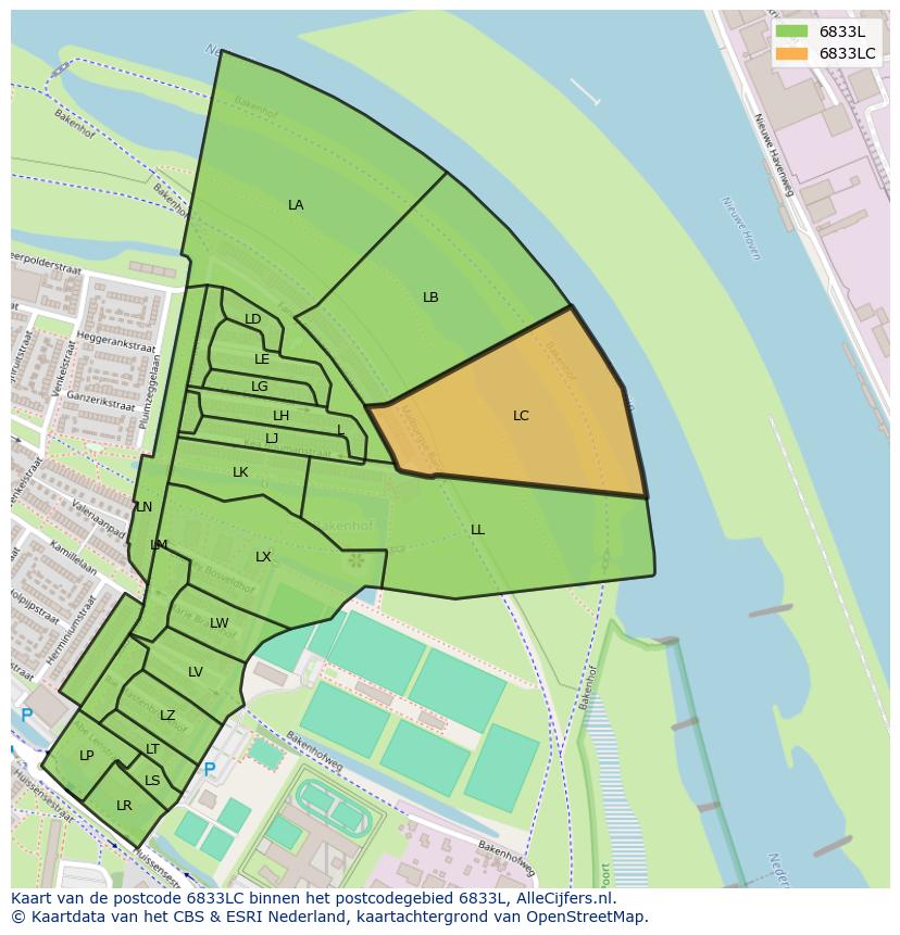 Afbeelding van het postcodegebied 6833 LC op de kaart.
