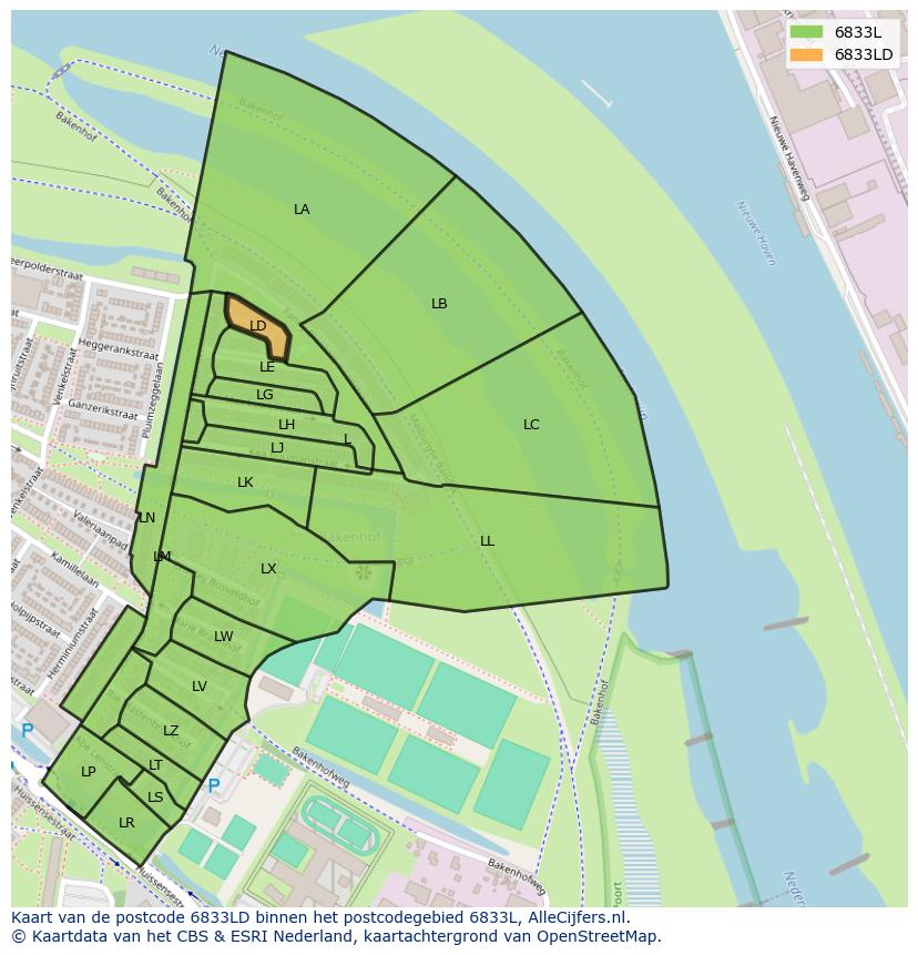 Afbeelding van het postcodegebied 6833 LD op de kaart.