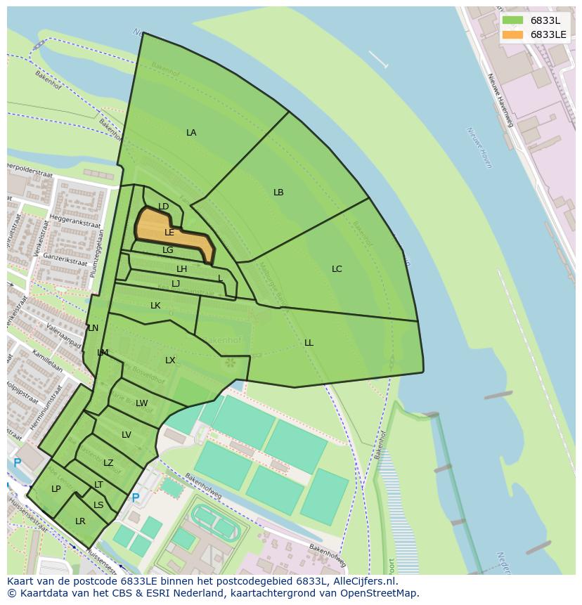 Afbeelding van het postcodegebied 6833 LE op de kaart.