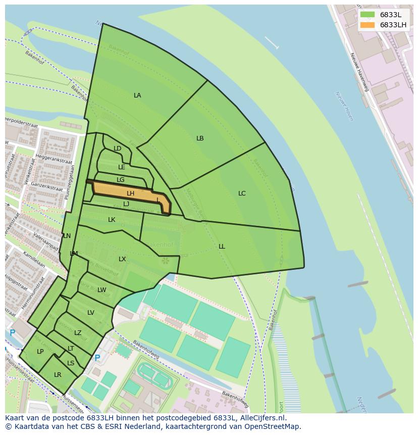 Afbeelding van het postcodegebied 6833 LH op de kaart.