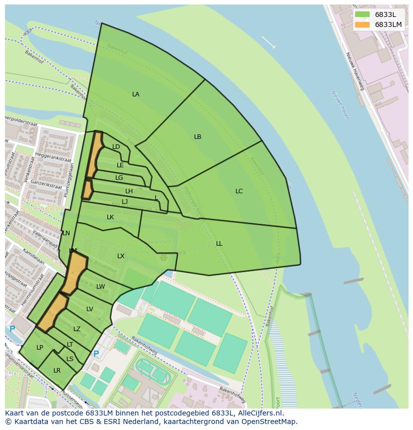 Afbeelding van het postcodegebied 6833 LM op de kaart.