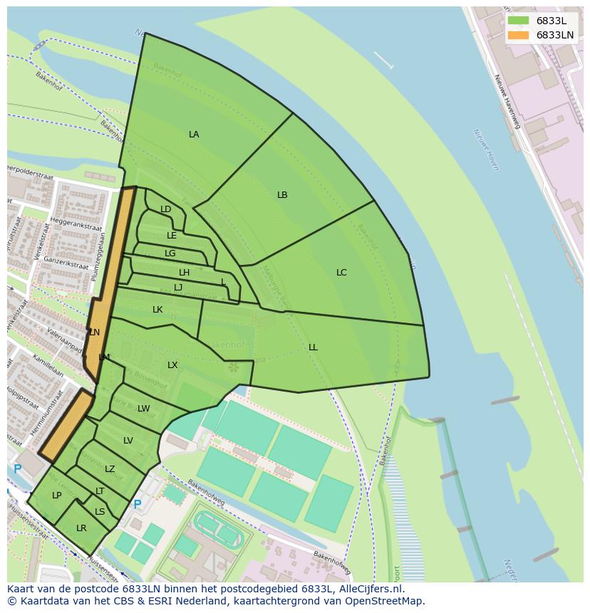 Afbeelding van het postcodegebied 6833 LN op de kaart.