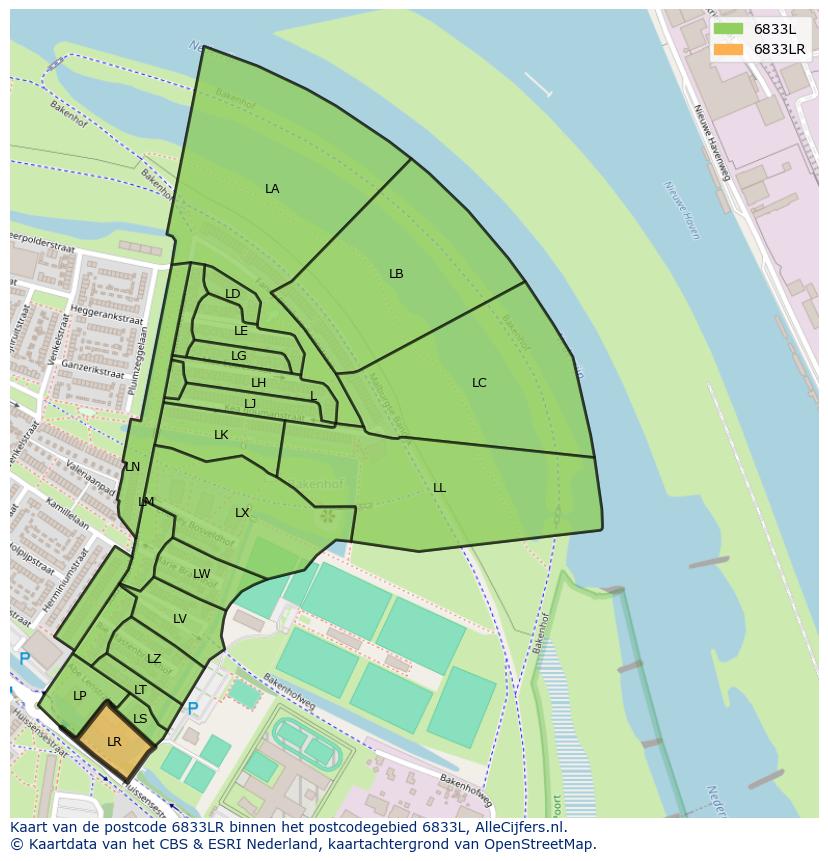 Afbeelding van het postcodegebied 6833 LR op de kaart.