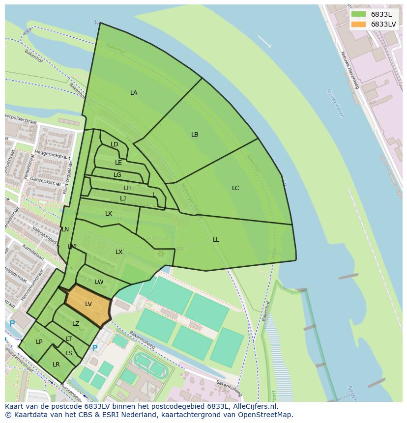 Afbeelding van het postcodegebied 6833 LV op de kaart.