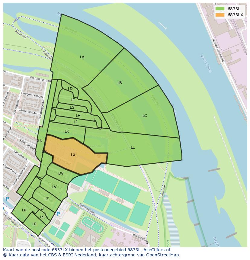 Afbeelding van het postcodegebied 6833 LX op de kaart.