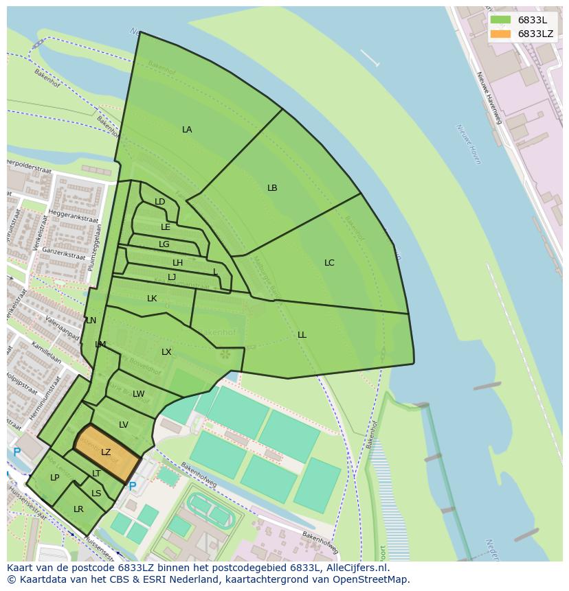 Afbeelding van het postcodegebied 6833 LZ op de kaart.