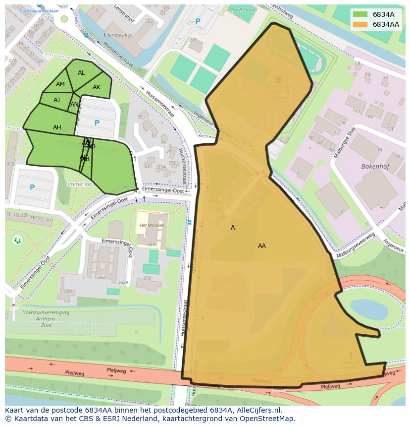 Afbeelding van het postcodegebied 6834 AA op de kaart.