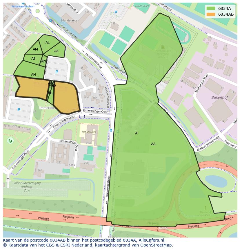 Afbeelding van het postcodegebied 6834 AB op de kaart.