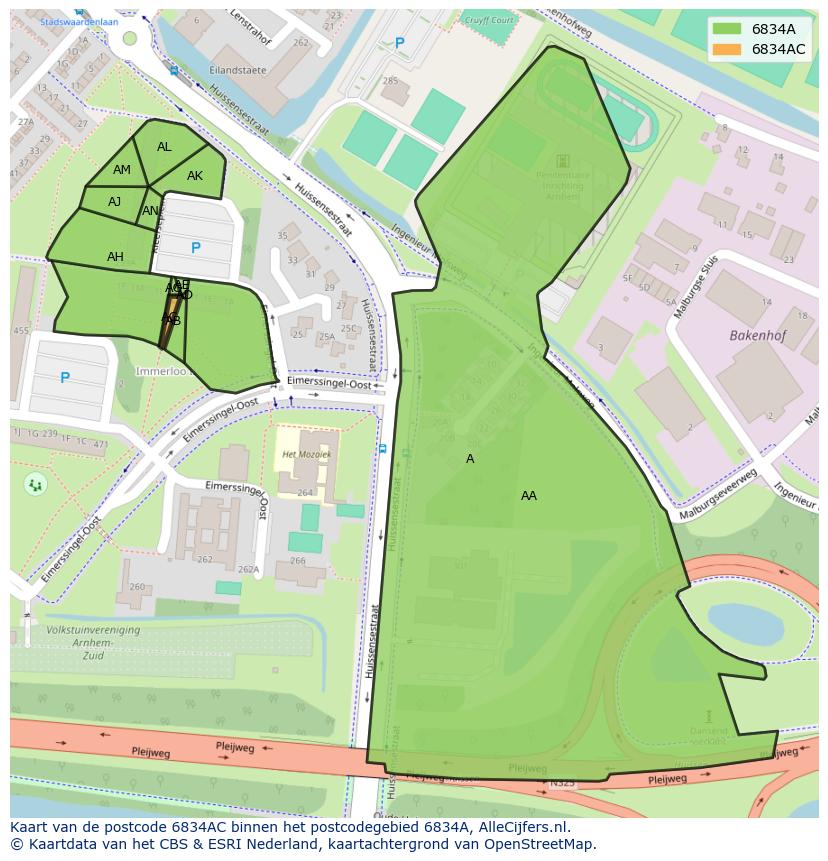Afbeelding van het postcodegebied 6834 AC op de kaart.
