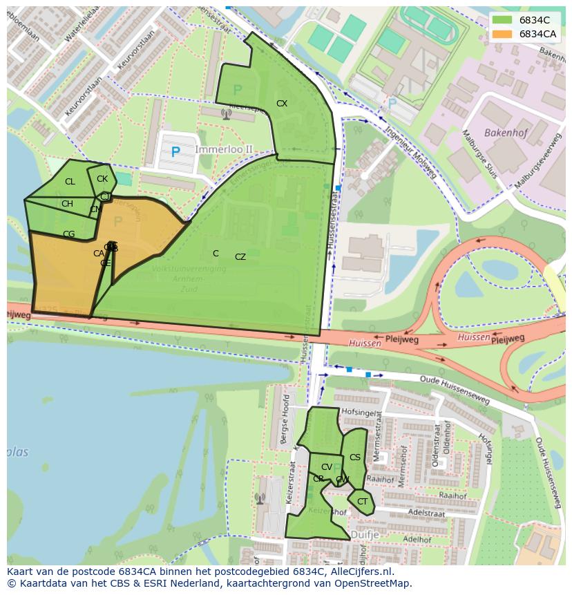Afbeelding van het postcodegebied 6834 CA op de kaart.