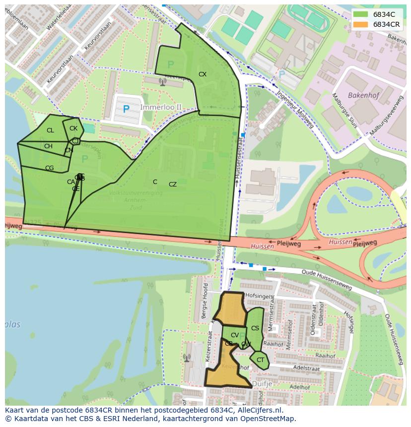 Afbeelding van het postcodegebied 6834 CR op de kaart.