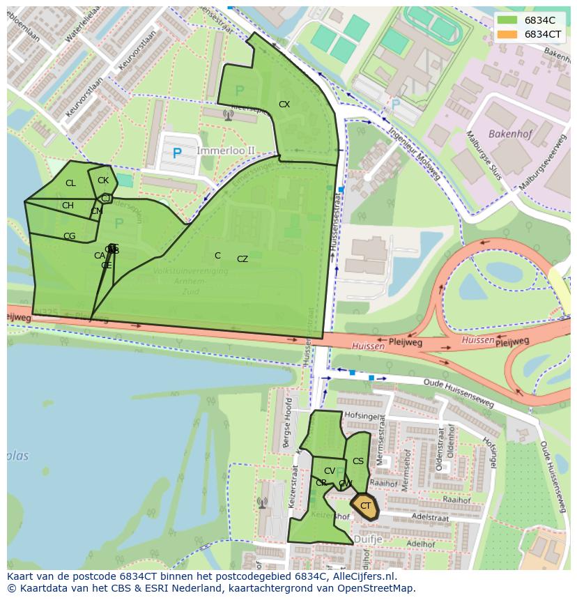 Afbeelding van het postcodegebied 6834 CT op de kaart.
