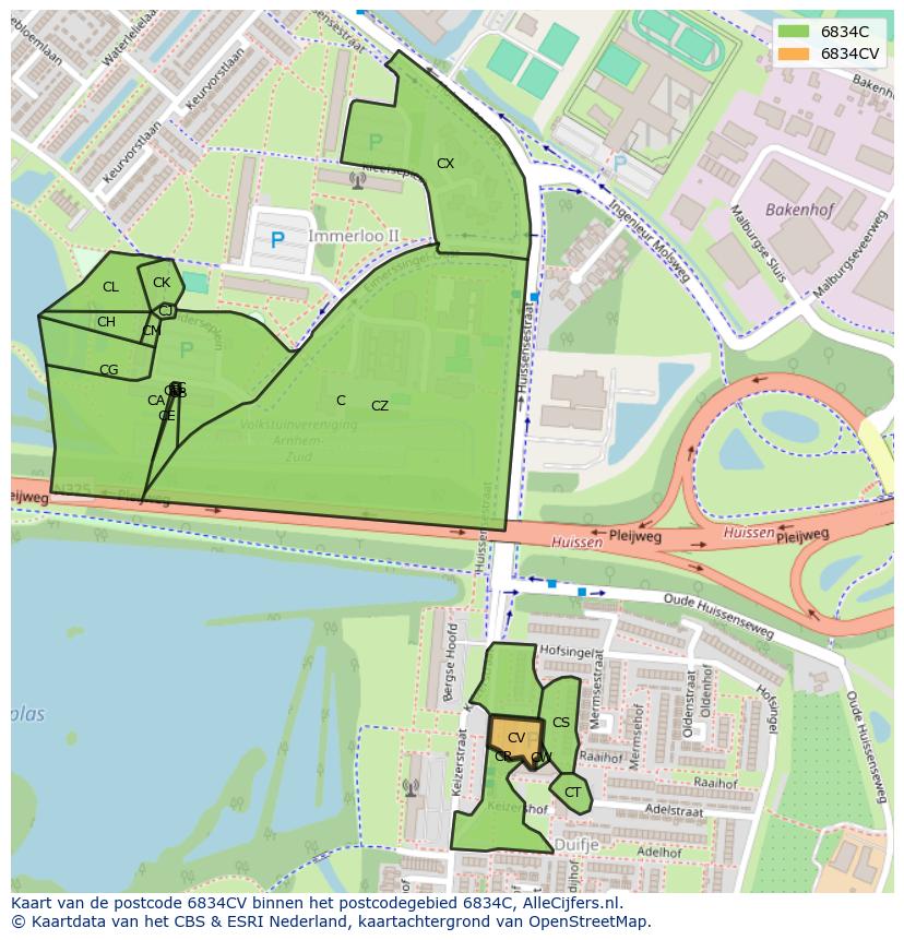 Afbeelding van het postcodegebied 6834 CV op de kaart.