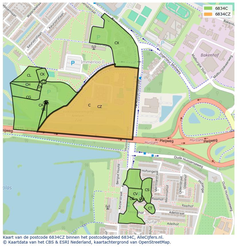 Afbeelding van het postcodegebied 6834 CZ op de kaart.