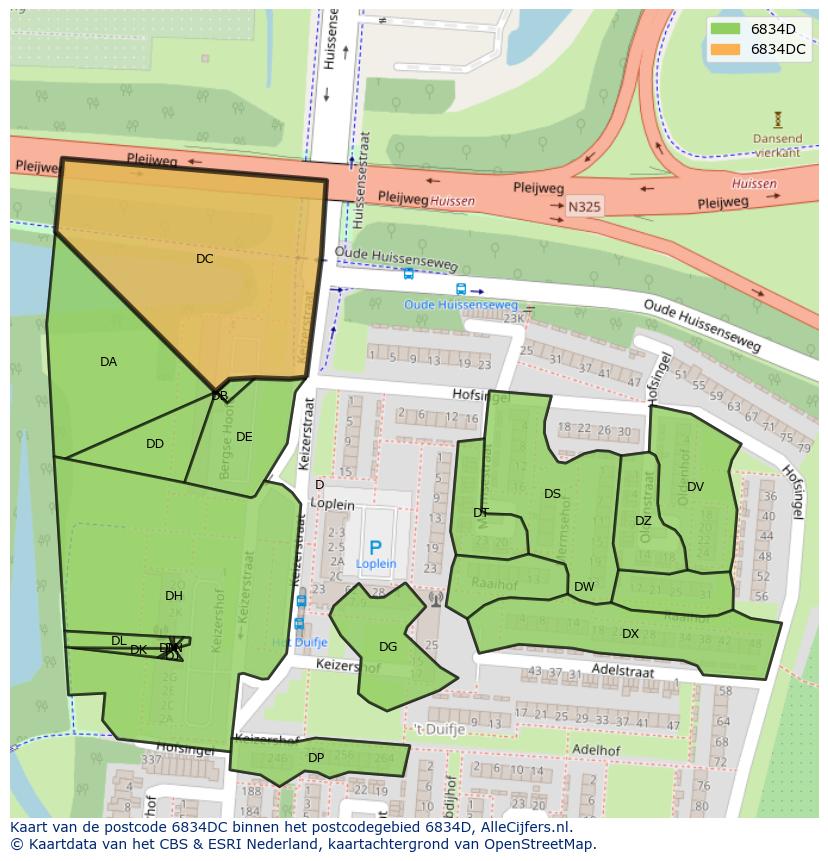 Afbeelding van het postcodegebied 6834 DC op de kaart.