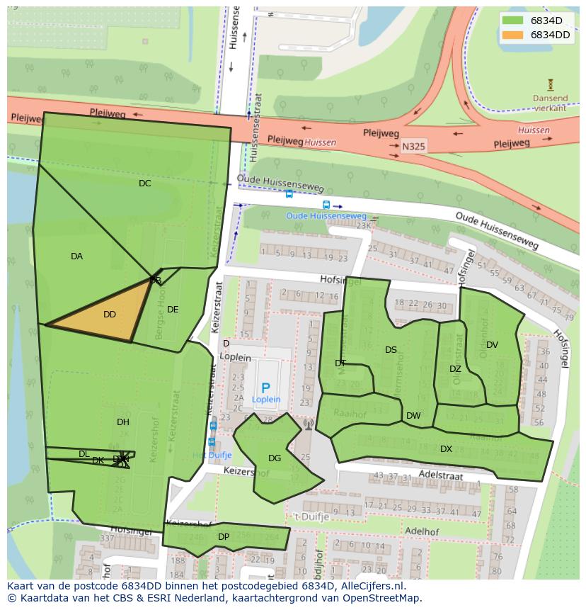 Afbeelding van het postcodegebied 6834 DD op de kaart.