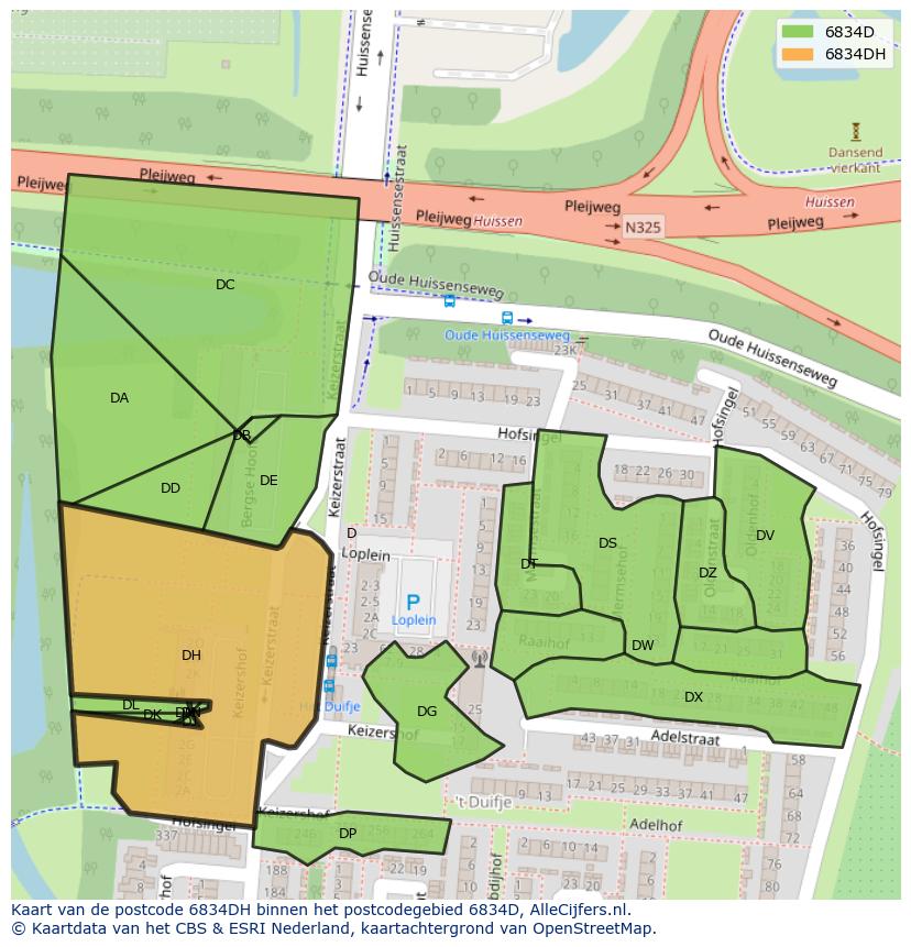 Afbeelding van het postcodegebied 6834 DH op de kaart.