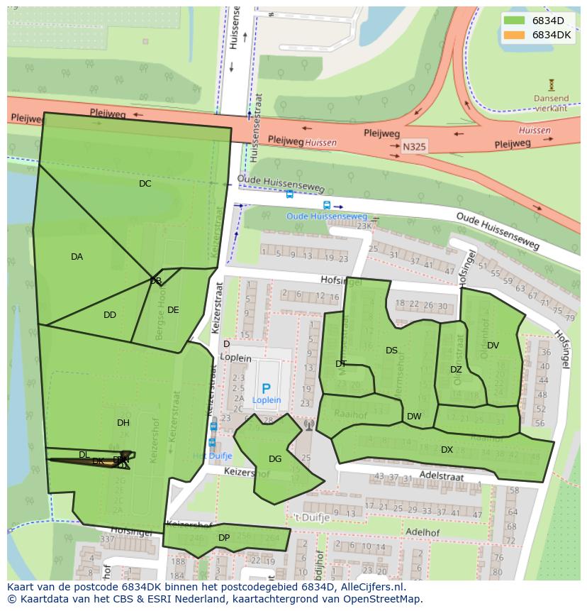 Afbeelding van het postcodegebied 6834 DK op de kaart.