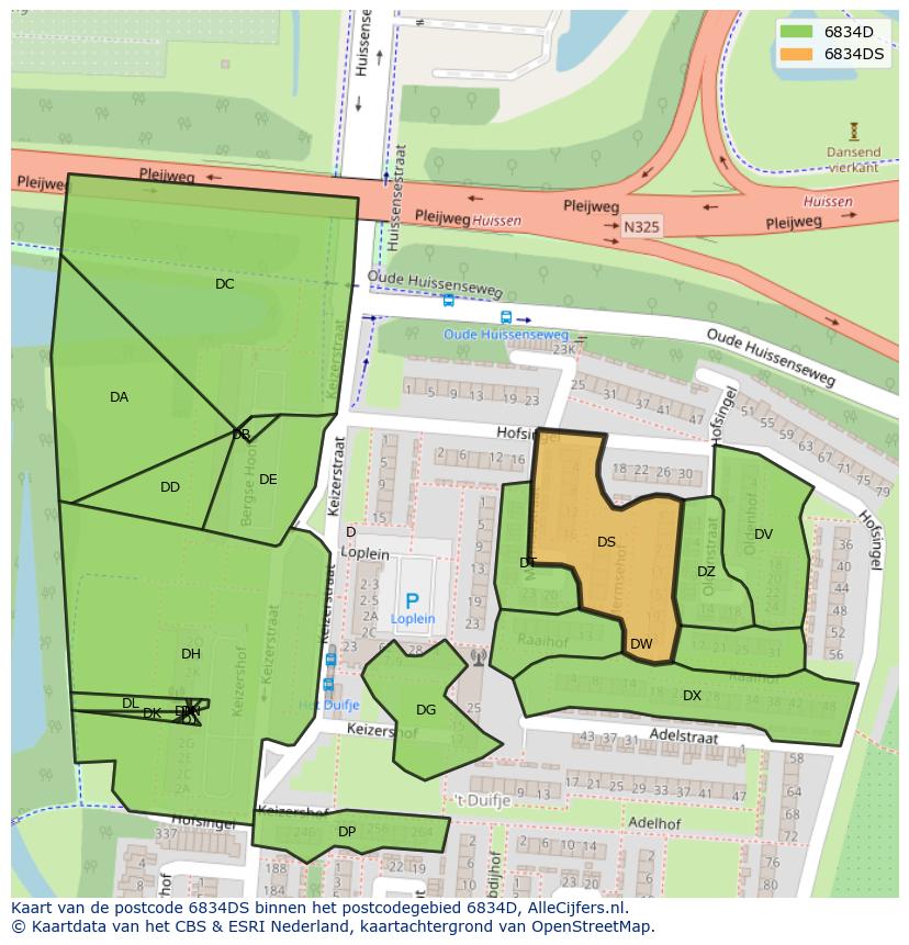 Afbeelding van het postcodegebied 6834 DS op de kaart.