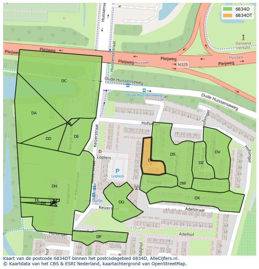 Afbeelding van het postcodegebied 6834 DT op de kaart.