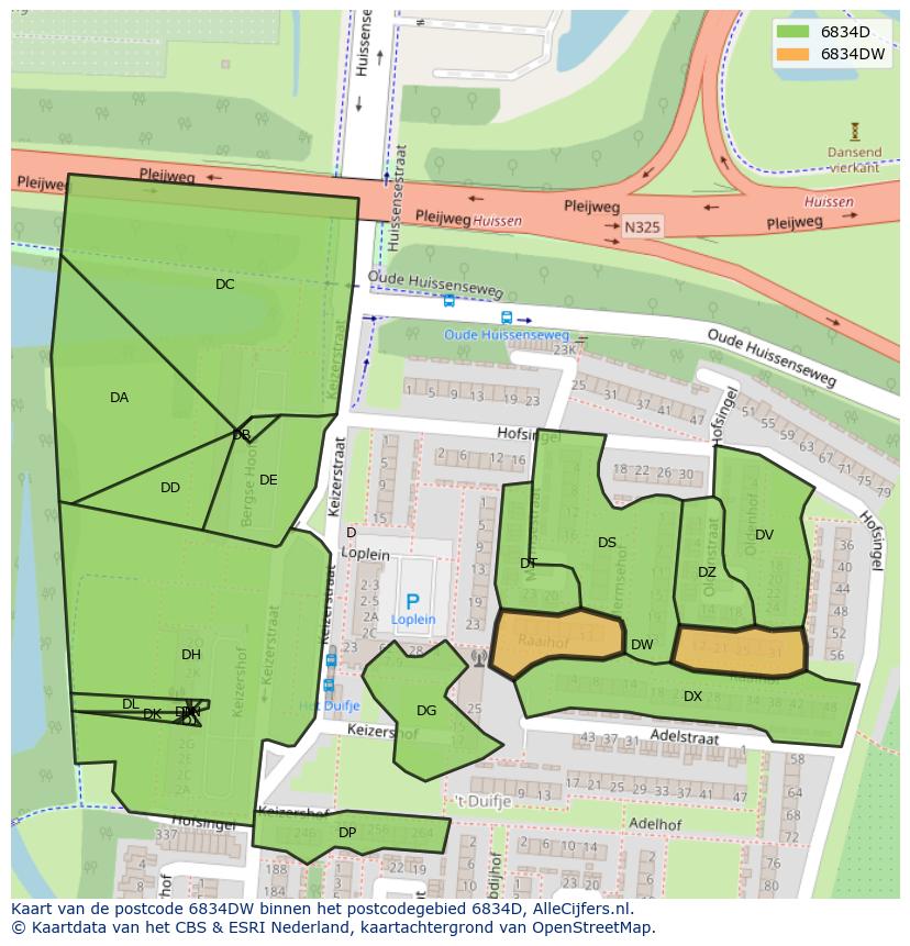 Afbeelding van het postcodegebied 6834 DW op de kaart.