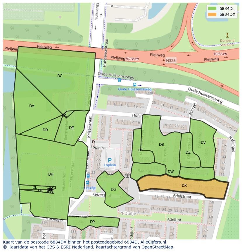 Afbeelding van het postcodegebied 6834 DX op de kaart.
