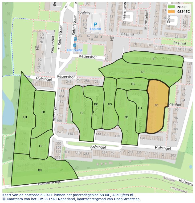 Afbeelding van het postcodegebied 6834 EC op de kaart.