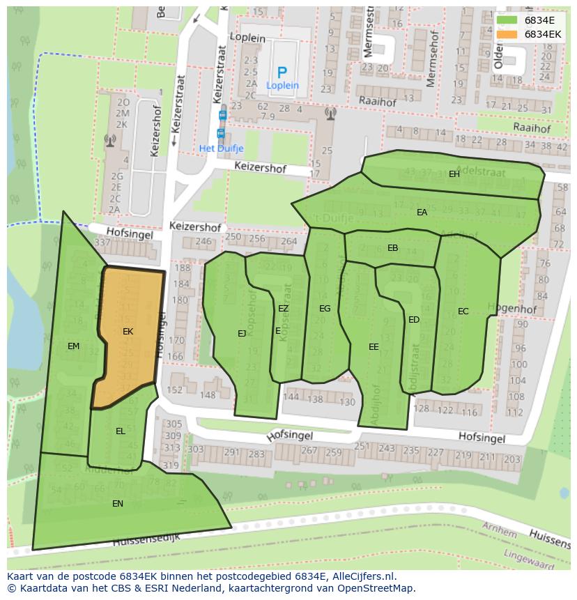 Afbeelding van het postcodegebied 6834 EK op de kaart.