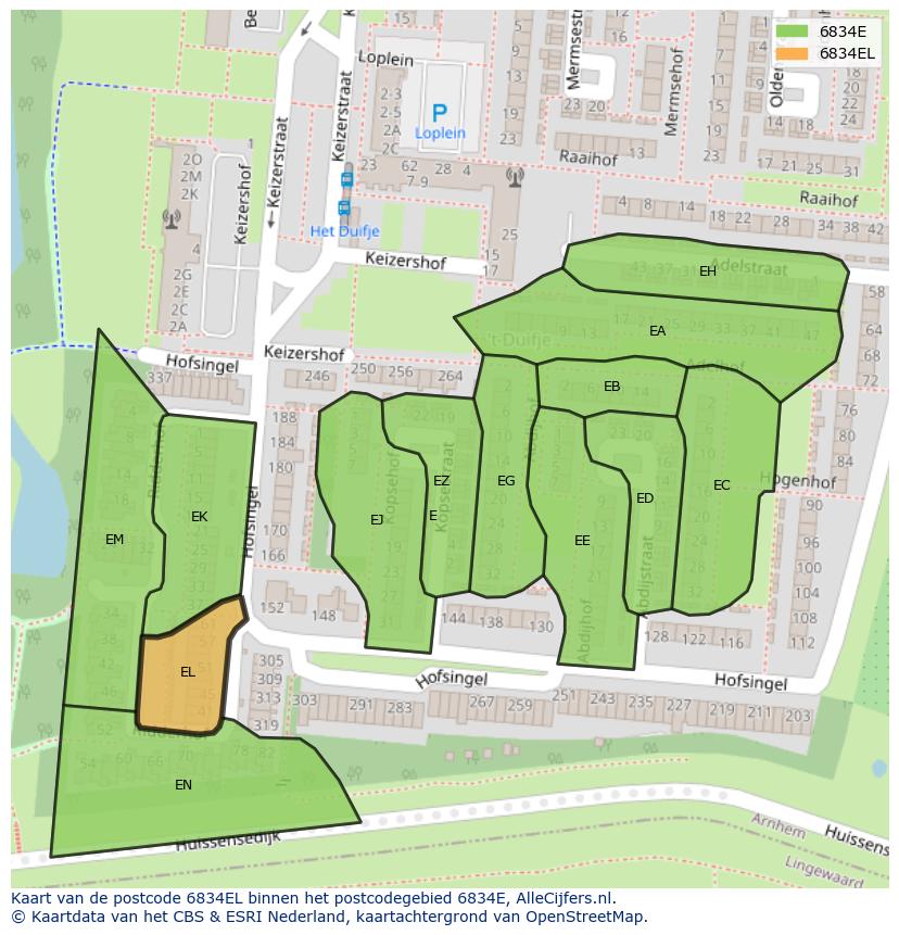 Afbeelding van het postcodegebied 6834 EL op de kaart.