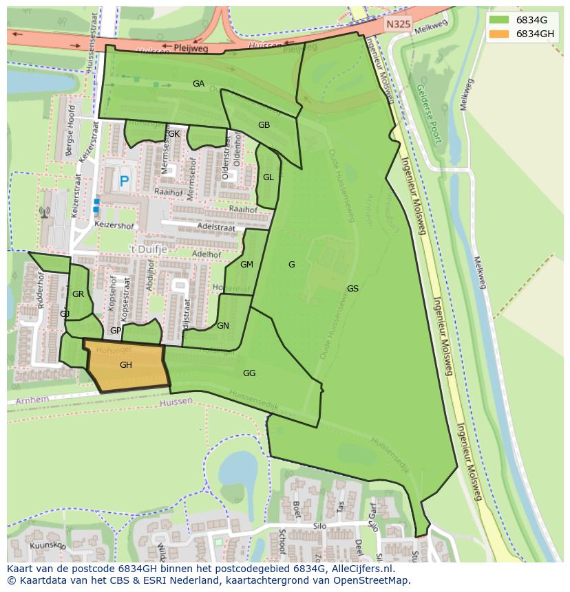 Afbeelding van het postcodegebied 6834 GH op de kaart.