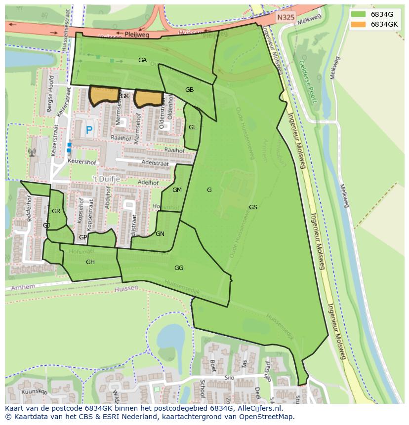 Afbeelding van het postcodegebied 6834 GK op de kaart.
