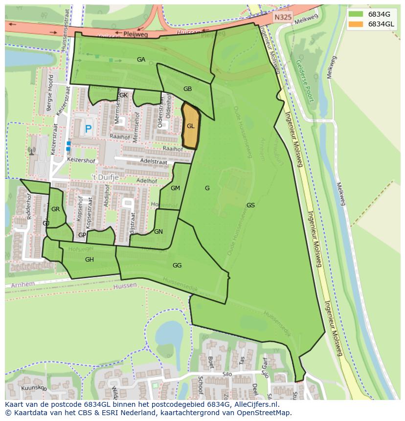 Afbeelding van het postcodegebied 6834 GL op de kaart.