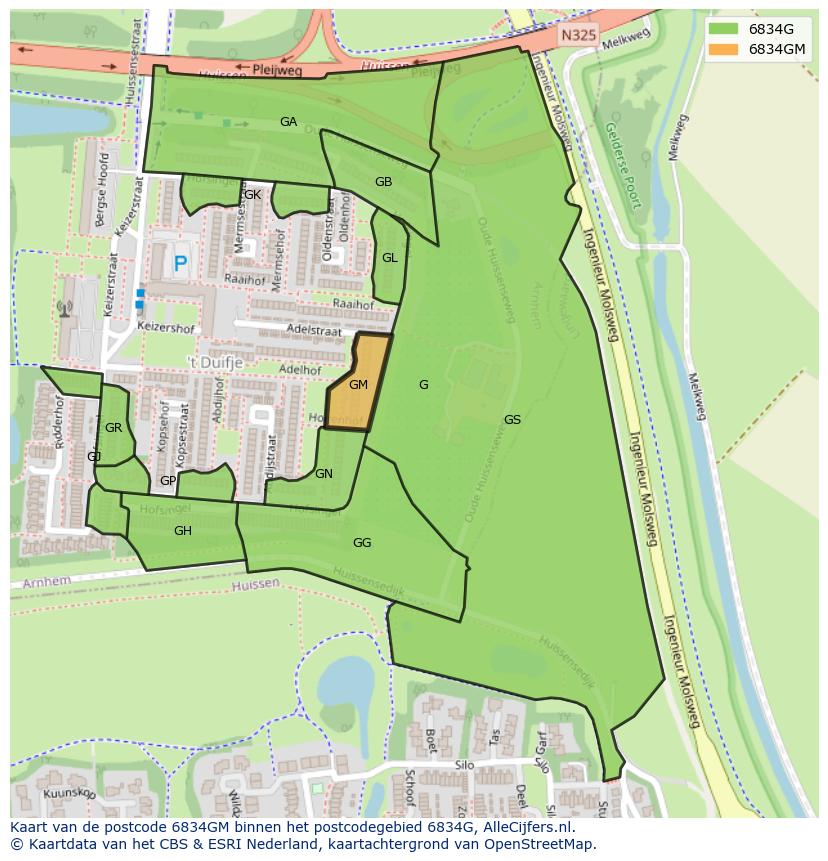 Afbeelding van het postcodegebied 6834 GM op de kaart.