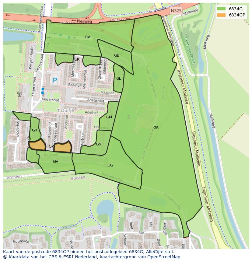 Afbeelding van het postcodegebied 6834 GP op de kaart.