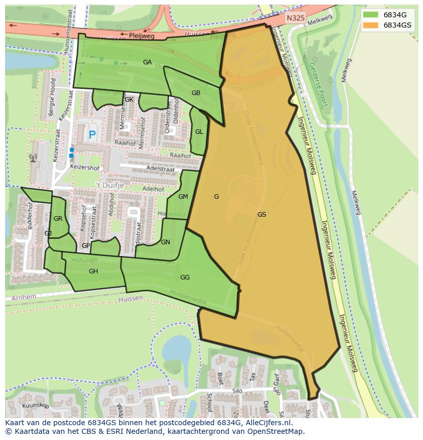 Afbeelding van het postcodegebied 6834 GS op de kaart.