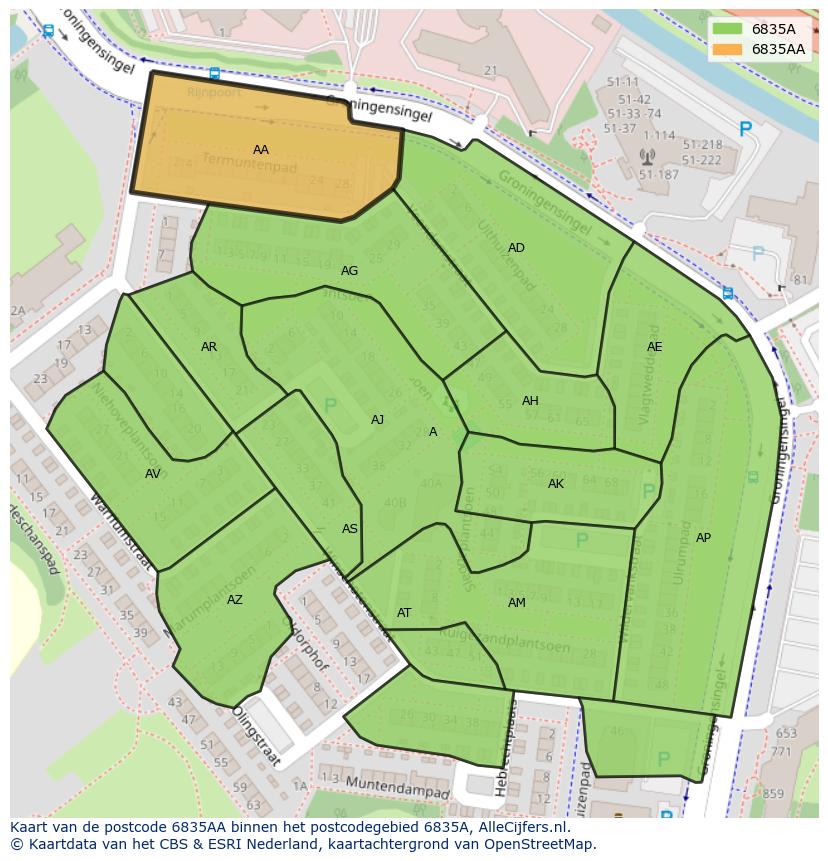Afbeelding van het postcodegebied 6835 AA op de kaart.