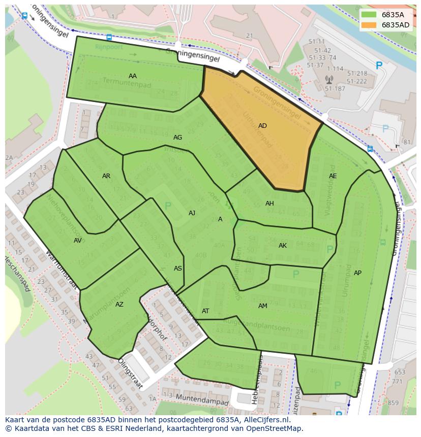 Afbeelding van het postcodegebied 6835 AD op de kaart.