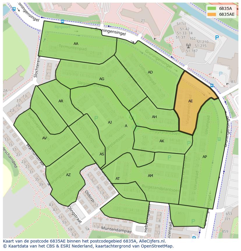 Afbeelding van het postcodegebied 6835 AE op de kaart.