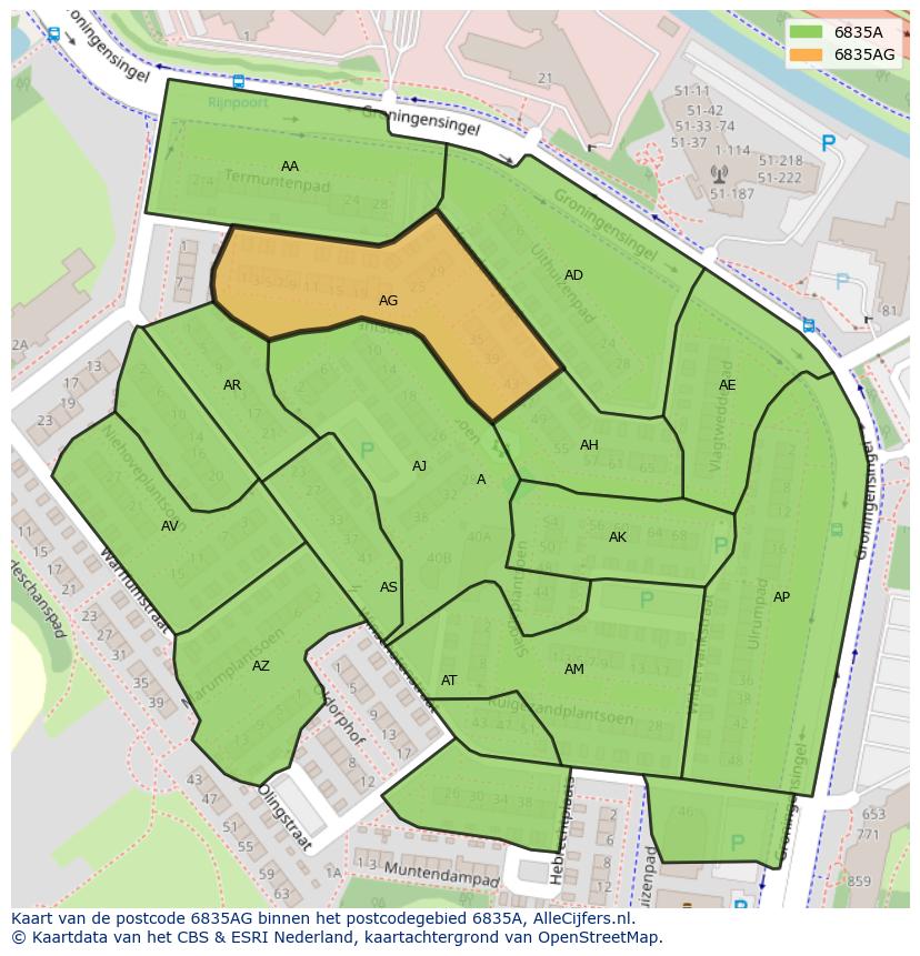 Afbeelding van het postcodegebied 6835 AG op de kaart.