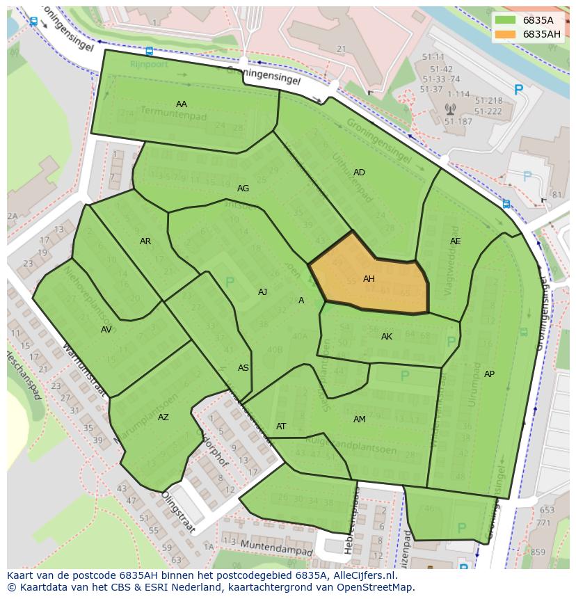 Afbeelding van het postcodegebied 6835 AH op de kaart.