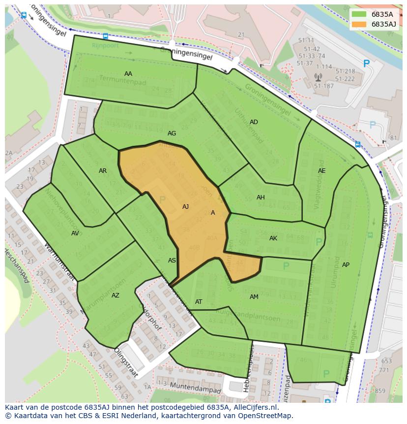 Afbeelding van het postcodegebied 6835 AJ op de kaart.