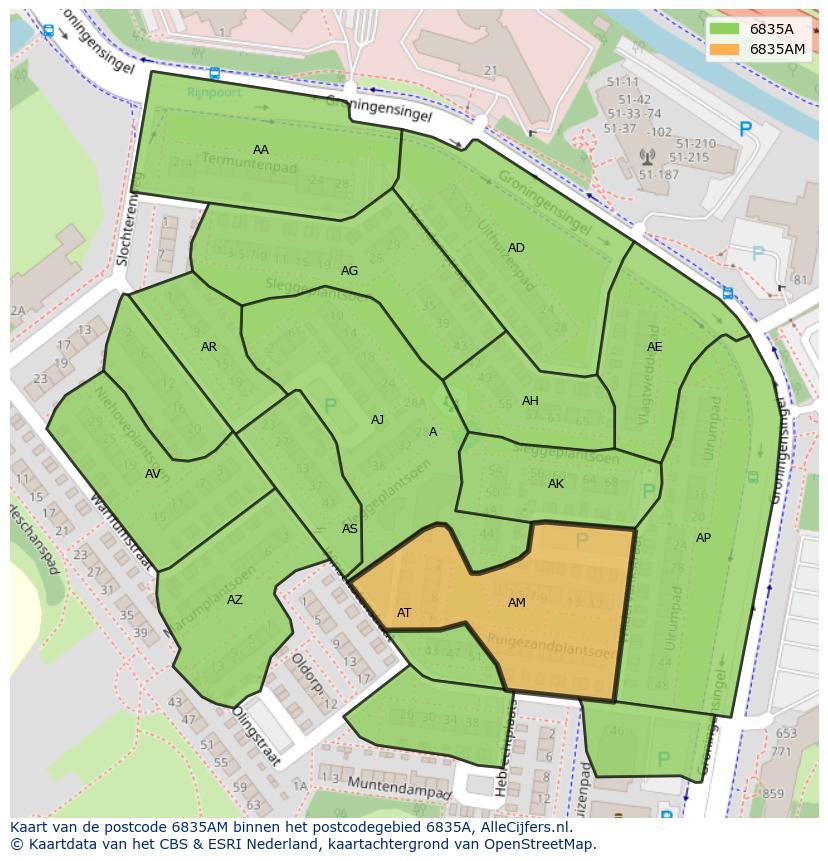 Afbeelding van het postcodegebied 6835 AM op de kaart.