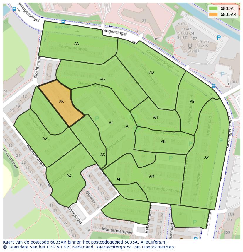 Afbeelding van het postcodegebied 6835 AR op de kaart.